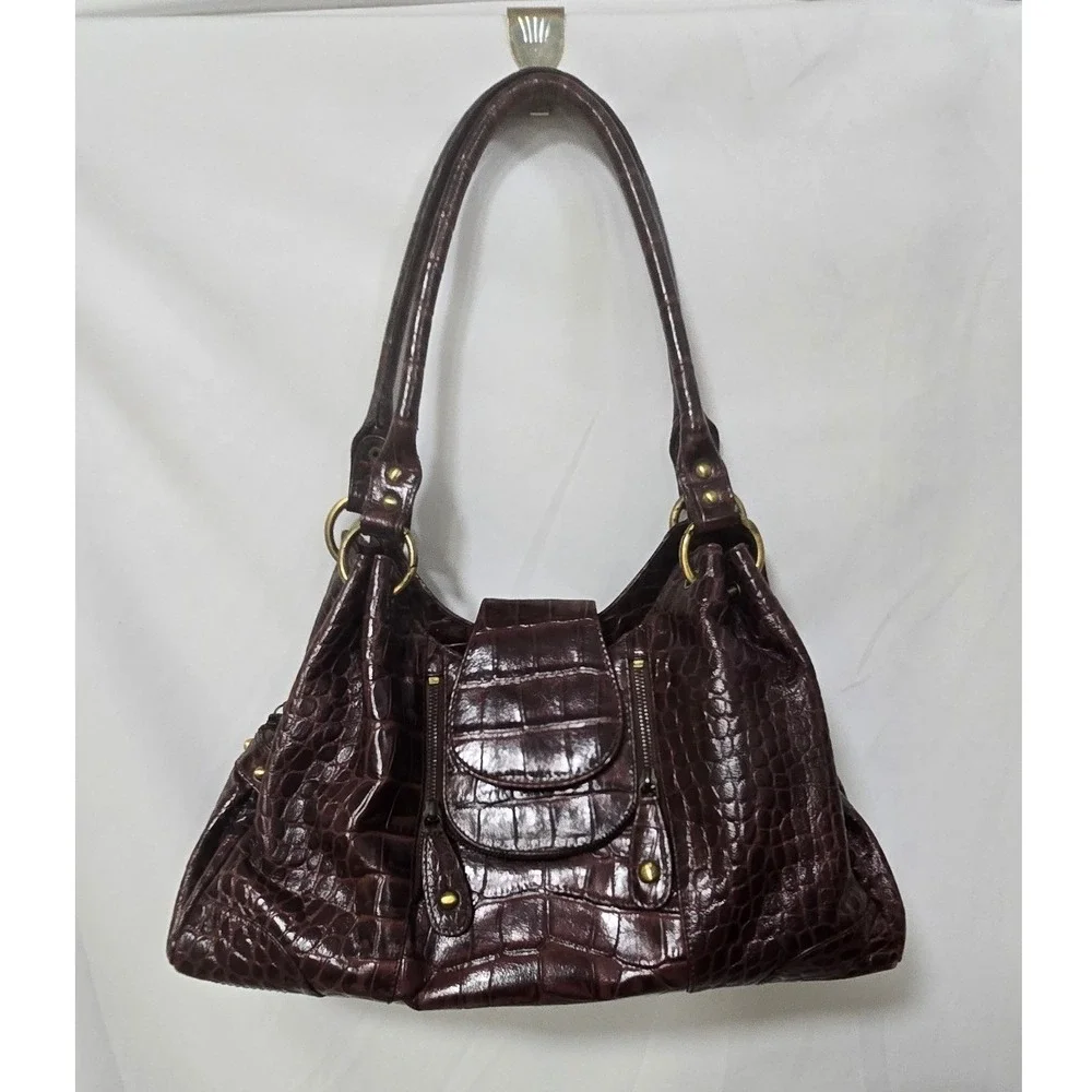 Vtg Y2K Michael Rome Designs shoulder bag women brown croc embossed leather